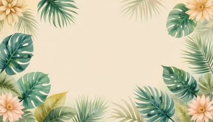 Tropical Floral Frame Background, Watercolor tropical leaves and flowers frame