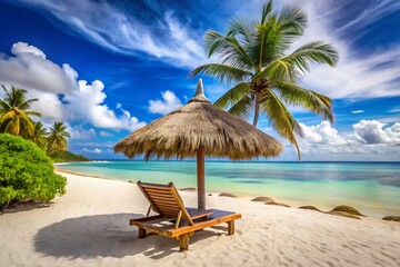 Relaxing Beach Paradise with Sun Loungers and Blue Sky
