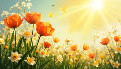 
 “Spring Symbol Icon": Image of a detailed icon including spring flowers (such as tulips and daffodils), bird feathers and sunbeams.