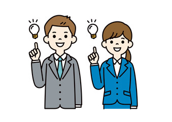 いいアイデアがひらめいた、男女の会社員のシンプルなベクターイラスト素材＿カラー