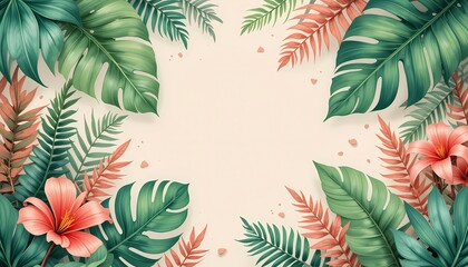 Tropical Leaves and Flowers Frame, Vibrant tropical foliage and flowers border. Summer, vacation, nature background.