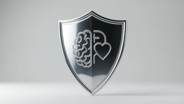 AGI ethics 3D concept. Shield design featuring brain and heart symbols.