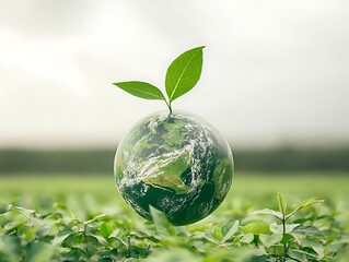 Green sprout on Earth globe.