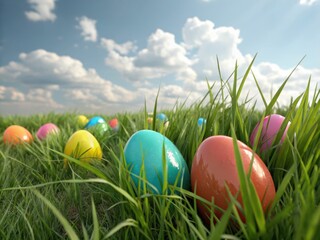 Colorful easter eggs hidden in fresh spring grass nature scene inspired celebration