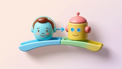 AGI ethics 3D concept. Colorful toy characters representing a boy and a robot on a curved surface.