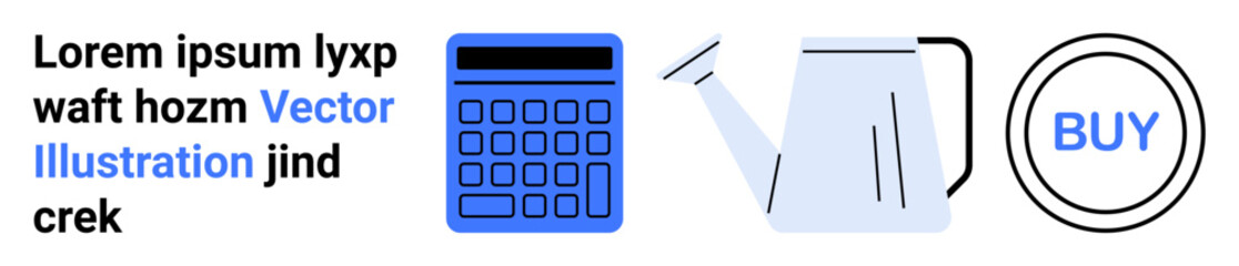 Calculator, watering can, and a round buy button with sample text. Ideal for education, finance, gardening, e-commerce, marketing, online shopping technology and simple landing page