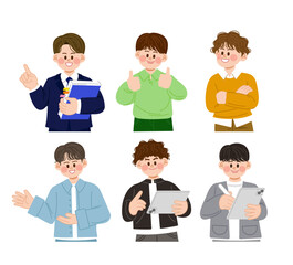 Men in various poses, office workers. Men holding iPads. Men writing down meetings, etc