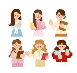 Female office workers in various poses. Woman holding iPad. Woman writing down the meeting.