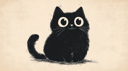 A cute and playful hand screen print of a black cat. The cat has large, sparkling eyes, a small nose, and a fluffy tail, giving it an adorable and friendly appearance
