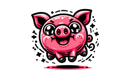 Fototapeta premium Cute jumping pink pig illustration digital art fun environment whimsical style