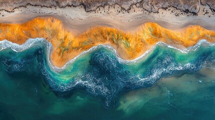 Aerial view of a vibrant coastline with waves and sandy shores.