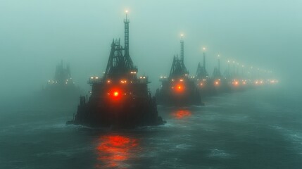 Obraz premium Mysterious Foggy Seascape: A Line of Illuminated Vessels in the Mist
