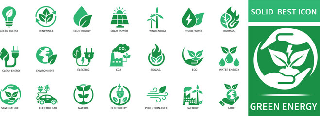 green energy icon set green energy, renewable, eco, solar, wind, hydro, biomass best Quality icons © icons Studio