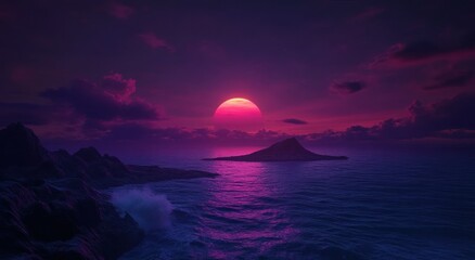 Beautiful sunset over a mountain island in the vast ocean waters
