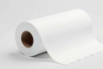 Close-up of white tissue paper roll standing upright on white background, soft, clean, household