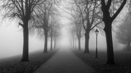 Fototapeta premium Misty path through trees in monochrome.