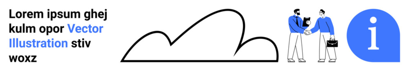 Two professionals in business attire shaking hands, accompanied by a cloud icon and info symbol. Ideal for collaboration, partnership, business, technology, networking, communication, and simple