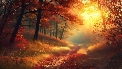 Autumn Forest Pathway with Golden Sunlight and Red Leaves