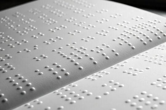 A close-up view of a braille book page, showcasing tactile dots arranged in patterns for reading by visually impaired individuals.