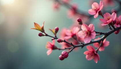 Close-up view of kirschbluten branches in gentle muted shades, old-fashioned vibe, tree, peaceful, serene