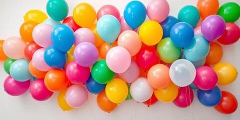 Cluster of vibrant balloons, various colors, white backdrop, vibrant balloons, joyful