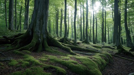 Obraz premium Dense forest landscape with tall trees.