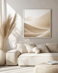 Beige minimalist living room with desert landscape art.