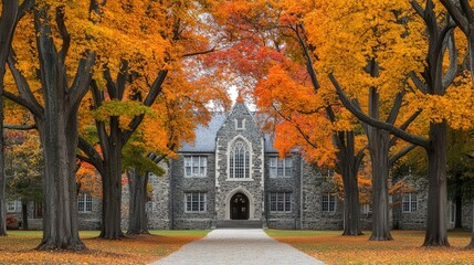 Fototapeta premium Vibrant Trees Lining Pathway on Campus in Autumn