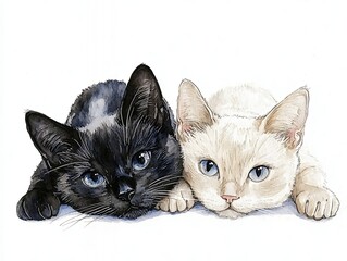 Two Kittens Cuddling Watercolor Painting Black and Cream Kittens with Blue Eyes