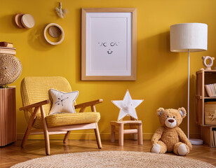 Interior design of child room interior with mock up poster frame, plush monkey, star, wooden block toys, yellow wall, stylish lamp, beige rug and personal accessories. Home decor.