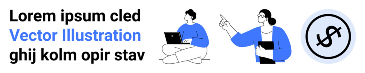 Two professionals working on laptops and discussing concepts alongside a coin symbol. Ideal for teamwork, planning, technology, innovation, finance, online meetings, simple landing page