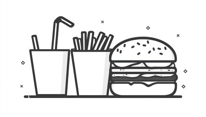 A cartoon representation of a burger fries and soda meal