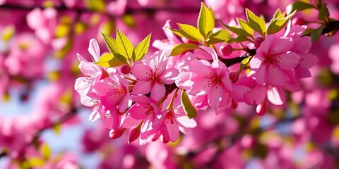 Fototapeta premium Close-up of vibrant pink blossoms on a tree branch, sunlight dappling petals, fragile, fresh