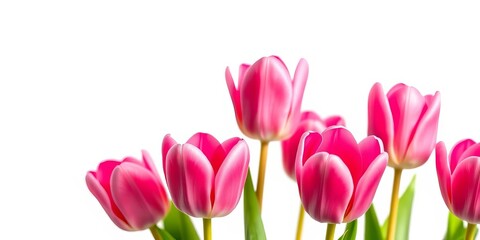 Fototapeta premium Close-up of vibrant pink tulips blooming against pure white background, elegance, delicate