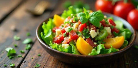 Close-up of vibrant vegan superfood salad on wooden table, balanced diet, nutrition, colorful
