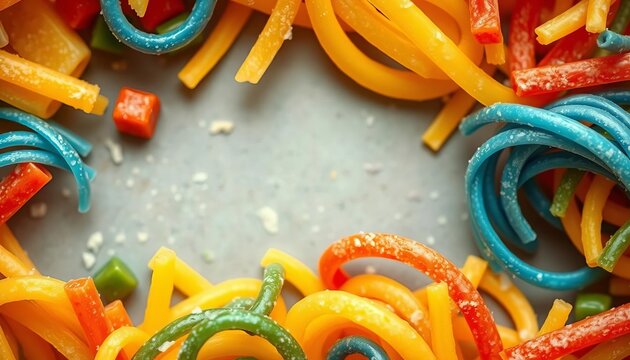 Close-up of vibrant uncooked tricolore trottole pasta filling the frame, tricolore, ingredient