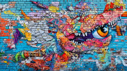 Naklejka premium Colorful graffiti wall covered in boisterous colors and artistic street art elements creating a vibrant urban expression of creativity.