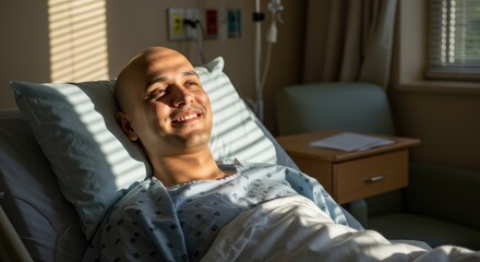 Fototapeta premium Smiling patient relaxing in sunlit hospital room during recovery