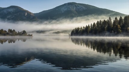 Fototapeta premium Serene landscape featuring a misty lake surrounded by mountains and pine trees, reflecting tranquility in nature.