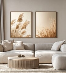Beige pampas grass prints above sofa.