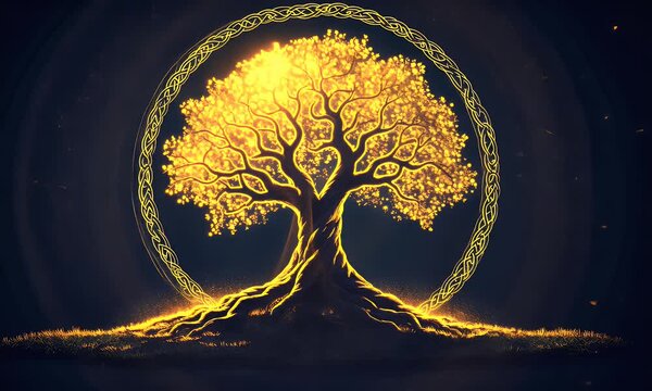 Illuminated golden tree of life within a circular celtic knot