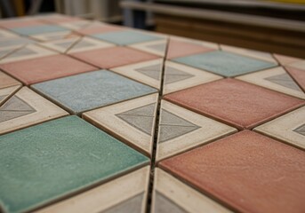 Geometric patterned ceramic tiles in earth tones on display