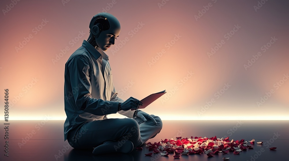 Poster a humanoid robot sits cross legged on a smooth surface reading a document while surrounded by rose p