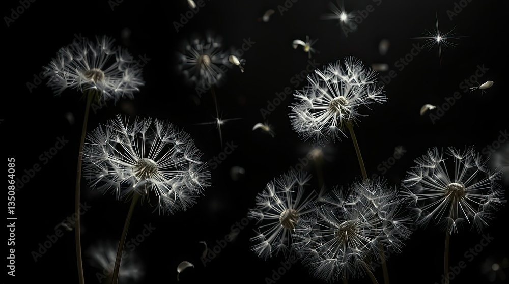 Poster delicate dandelion seeds are drifting gently through the air illuminated by soft light creating a se