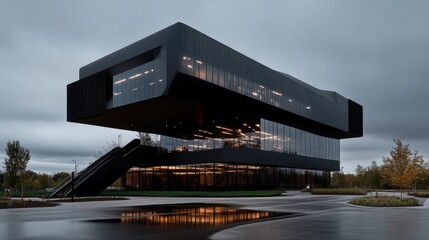 Fototapeta premium Modern, sleek, dark office building. Exterior with geometric shapes, glass, and dark metal panels. Evening view, reflecting in puddles