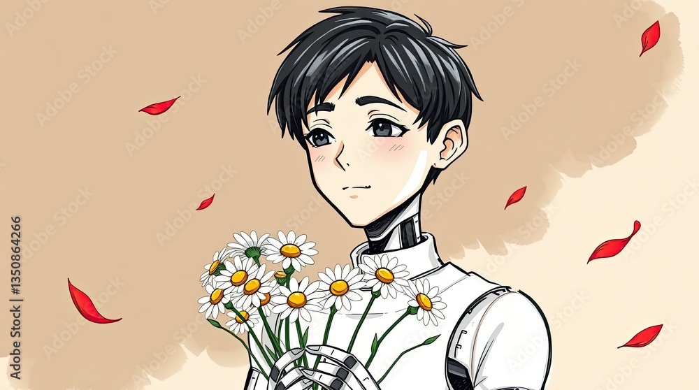 Poster robot character with a thoughtful expression holds a bouquet of daisies surrounded by falling petals