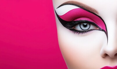 Stunning Artistic Makeup Design Featuring Bold Pink Shades and Dramatic Black Lines on a Female Model Against a Vibrant Pink Background