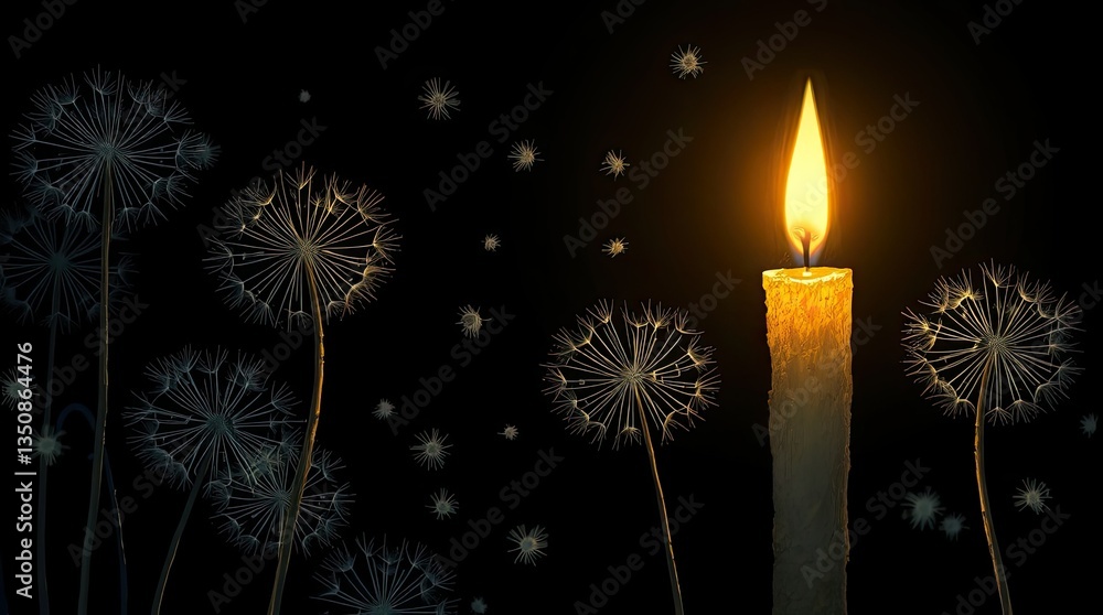 Poster soft candlelight glows brightly while dandelions float gently around adding a tranquil ambiance to t