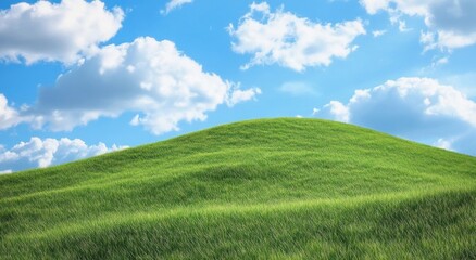 Fototapeta premium Green grassy hill with fluffy clouds against a blue sky