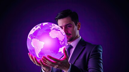 A business professional stands confidently while holding a radiant purple globe symbolizing global connectivity and innovation during a corporate event